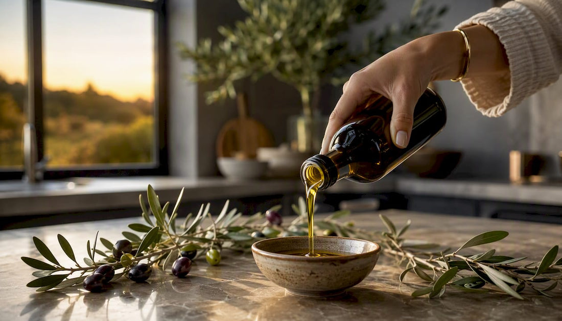 Una mano sirve aceite de oliva dorado en una cocina moderna y elegante, añadiendo un toque de distinción al ambiente.