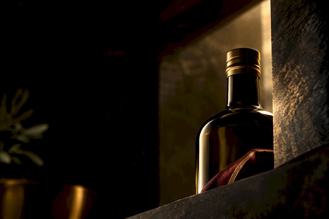 Botella de aceite guardada en despensa oscura