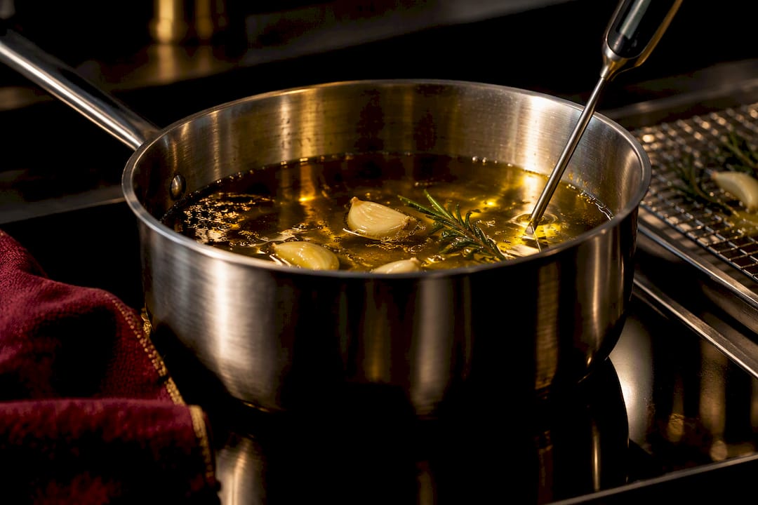 Cazo con aceite para confitar a baja temperatura