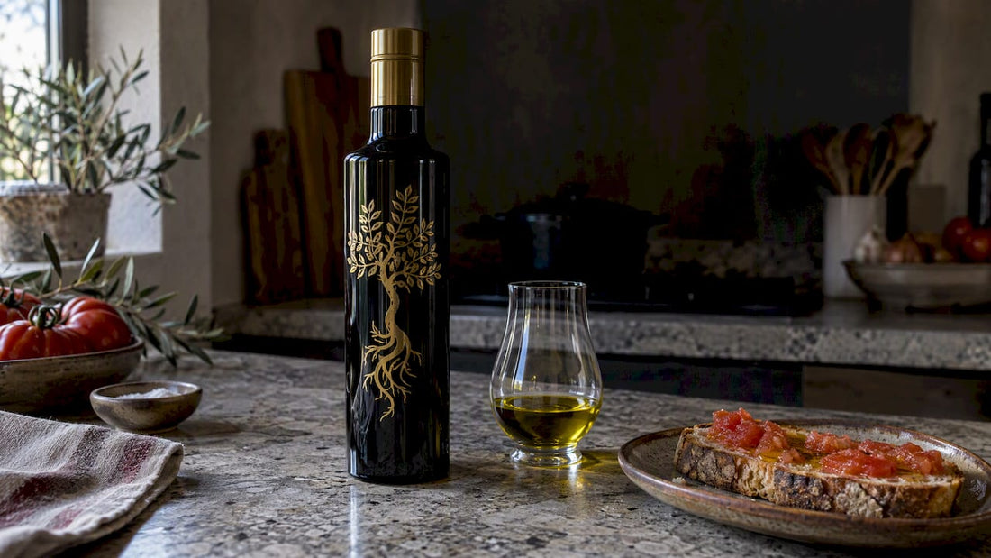 Botella de picual acompañada de aceite y pan