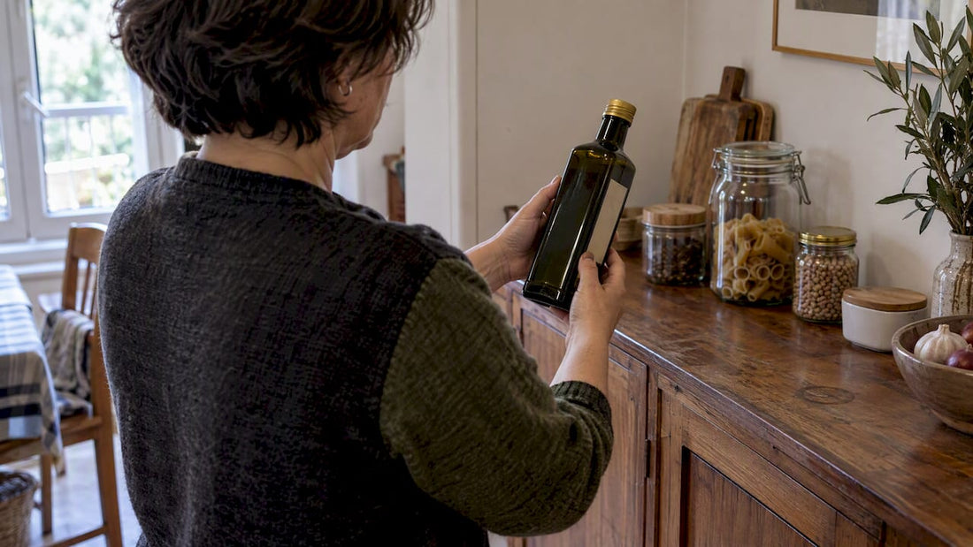 Mujer comprueba la fecha de vencimiento de una botella de aceite