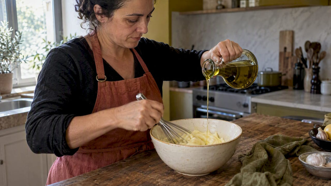 Alioli casero mientras se incorpora aceite de oliva