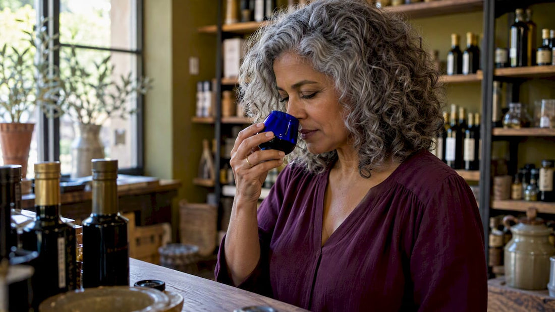 Mujer percibe el aroma de una muestra de AOVE