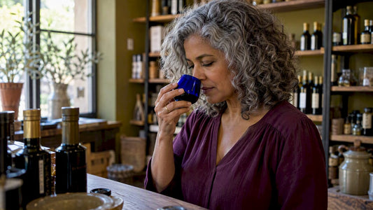 Mujer percibe el aroma de una muestra de AOVE